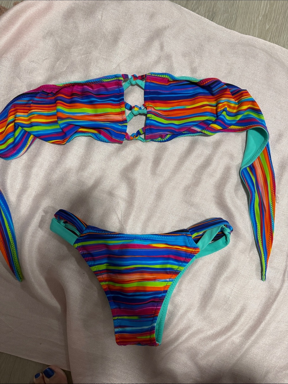 Women’s Rainbow Stripe Bikini Set bandeau - Turquoise Trim - Reversible
